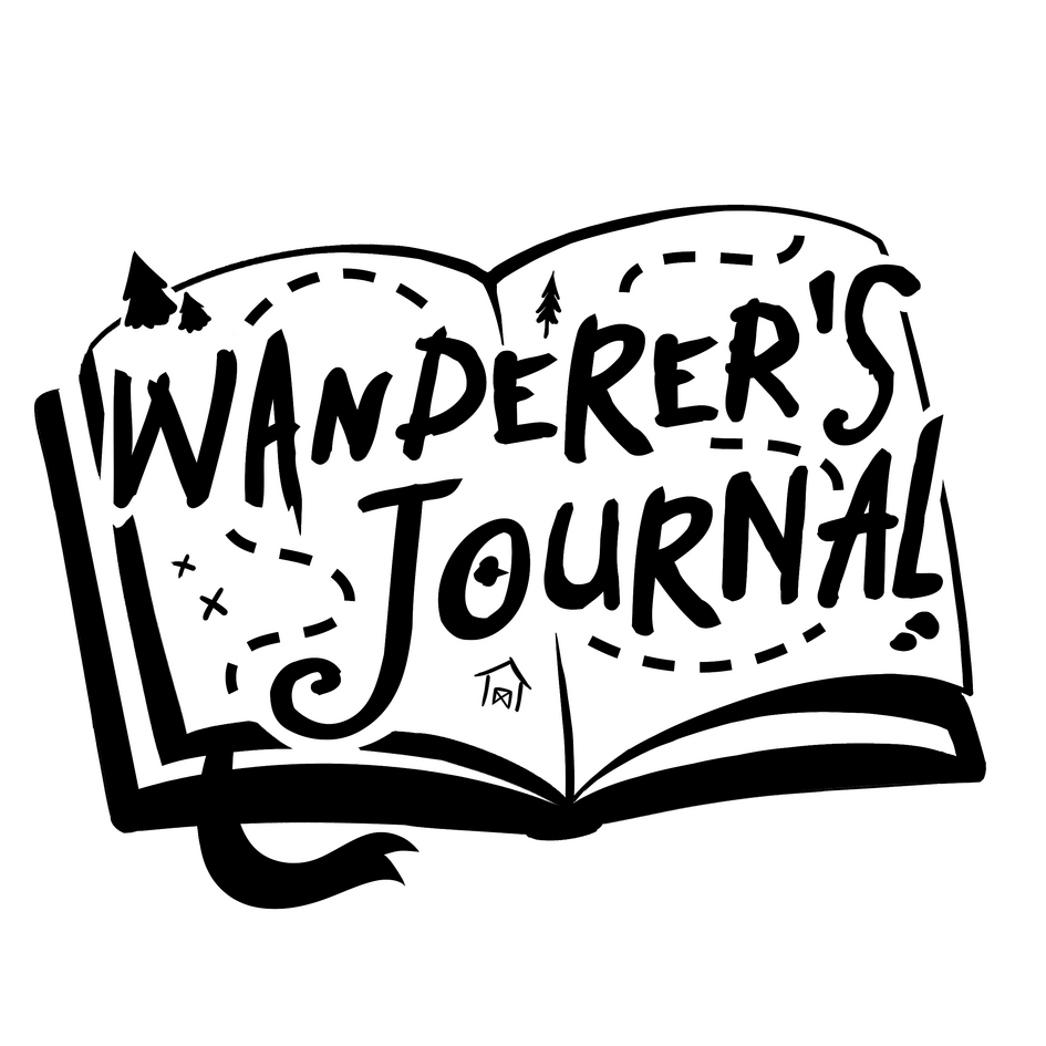 An open Journal with the words "Wanderer's Journal" in all caps. It is entirely in black, and there is no background. There are little symbols of houses and trees on it, as well as a drawn out path.